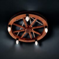 Candelabru rustic din lemn masiv tip roată 58 cm 5 becuri