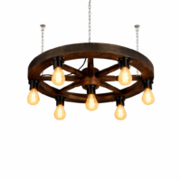 Candelabru Rustic Lemn Tip Roata 58 cm, 7x E27, Stil Vintage, Iluminat Cabana