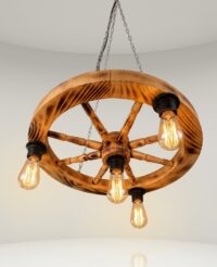 Lustra Rustica Lemn Ars Tip Roata 50 cm, 4 Becuri, Stil Vintage, Iluminat Cabana
